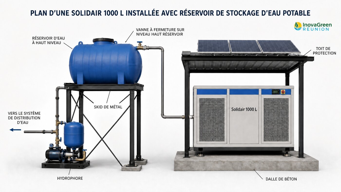 Plan d'installation d'une fontaine atmosphérique SOLIDAIR 1000L sur dalle béton ventilée